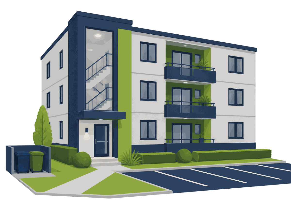 Stilisierte Darstellung eines Mehrfamilienhauses mit Treppenhaus, Grünfläche, Mülltonnenbereich und Parkplatz